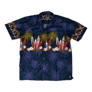 Vintage Favant Hawaiian Shirt Size Large Blue Surf Boards & Palm Trees